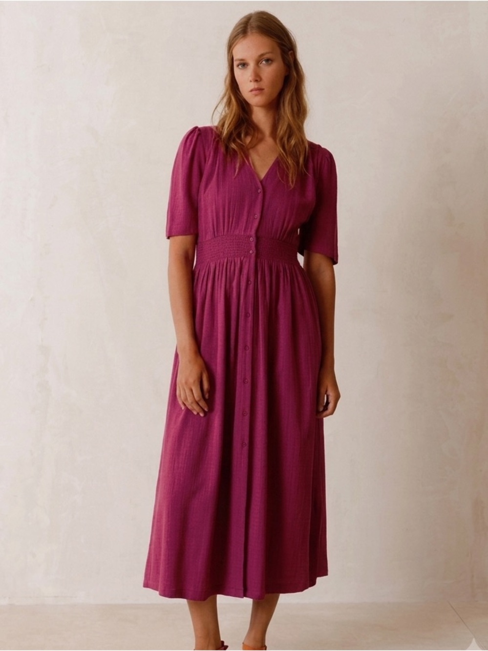 Indi & Cold Sz S Purple Fuchsia Cotton Button Front Shirt Midi Dress